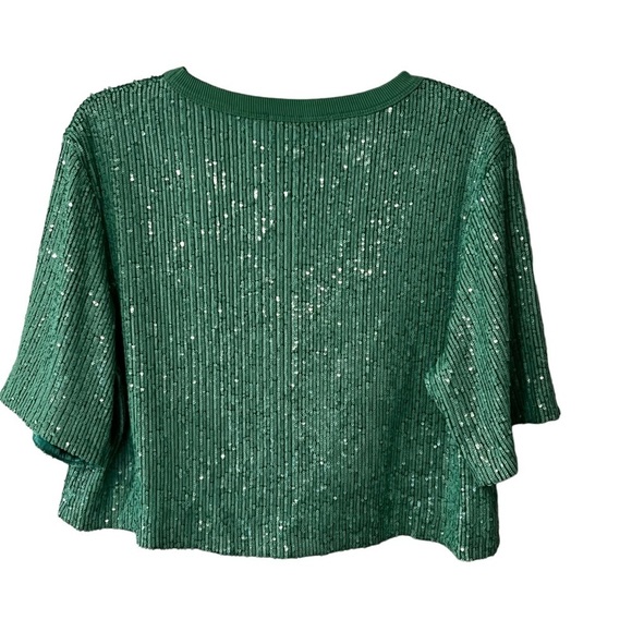 NWOT IN THE MOOD FOR LOVE Tanie Sequined Crewneck Top L Green Boxy Crop - Picture 5 of 15